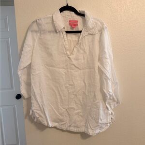 Isaac Mizrahi White Linen Tunic 3/4 Sleeve Ties At Sides V-Neck Pullover large